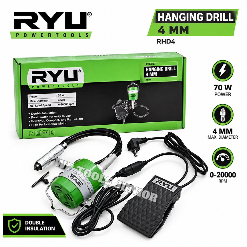 RYU Hanging Drill 4mm RHD4 70W Kecepatan 20.000 RPM Bor Gantung Pedal Switch 70Watt Gerinda Porting 