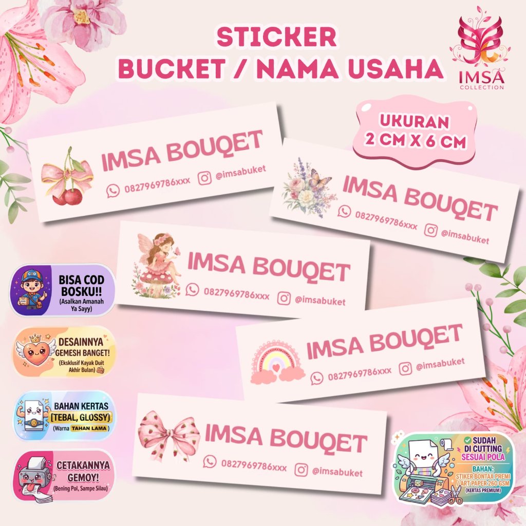 [ 100 PCS ] FREE DESAIN  / STICKER  BUCKET  BUNGA / STIKER LABEL BUCKET FLORIST/ NAMA USAHA BOUQUET 
