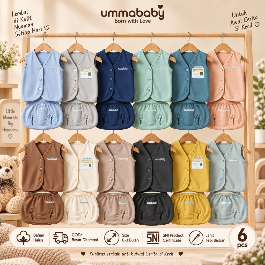 ummababyshop 6 PCS (3 Set) Baju Bayi Buntung Newborn SNI Gift Set Setelan Bayi Celana Pendek 0-6 Bul