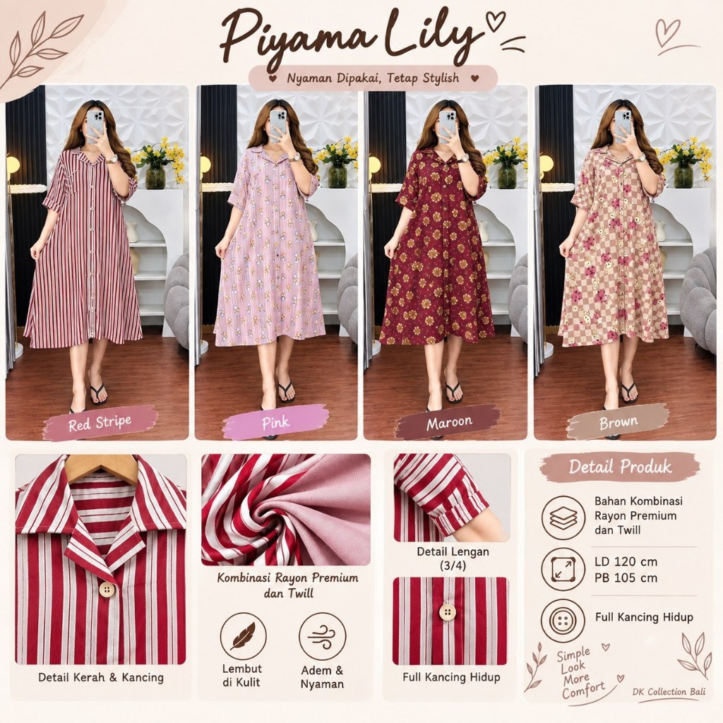 Piyama Daster Baju Tidur Lily Dress DST Collection Busui Friendly Rayon Premium Motif Labubu
