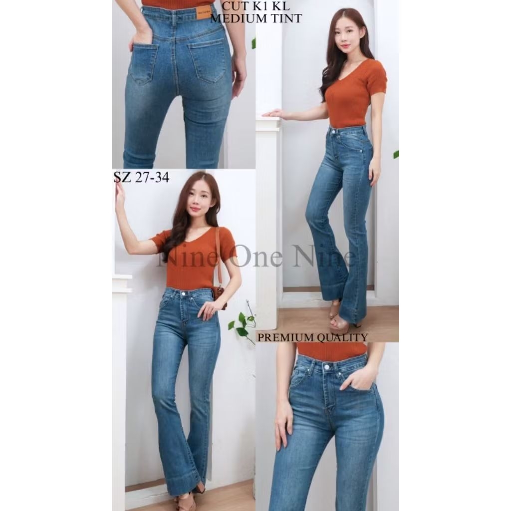 Celana Cutbray Hight Waist Kancing  Bahan Jeans Stretch Nine One Nine Jeans