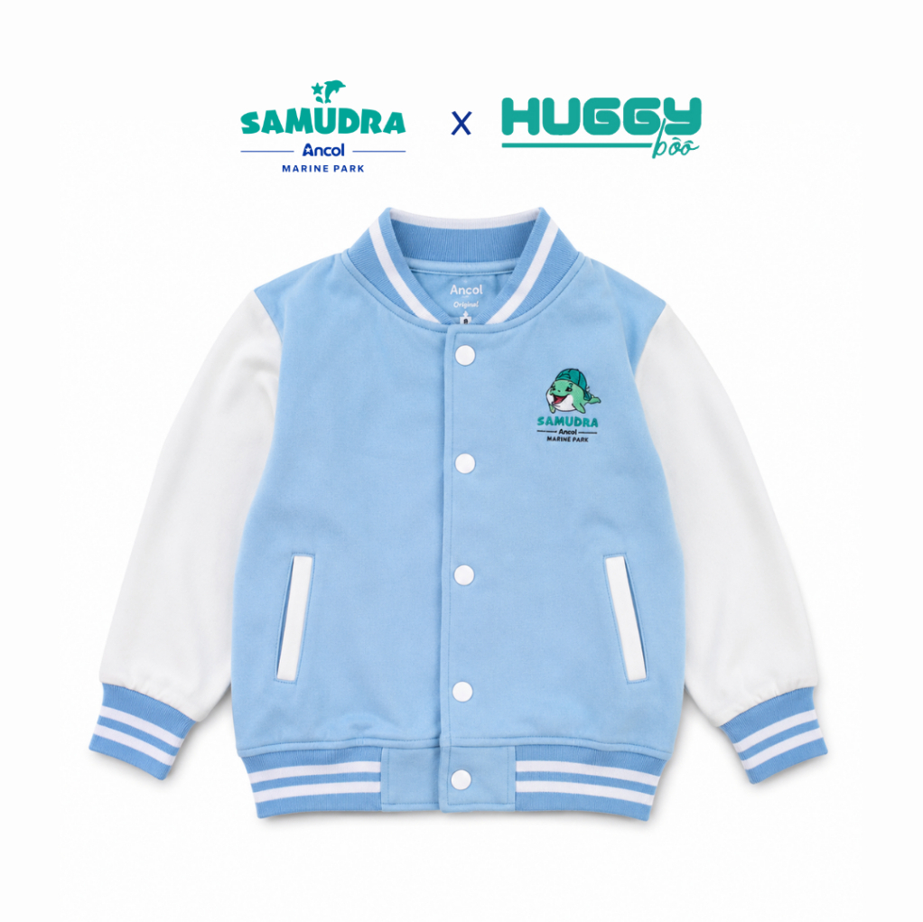 Ancol Jaket Varsity Anak Motif Lumba Lumba Samudra Biru - Kids Varsity Jacket Dolphin Samudra Blue |