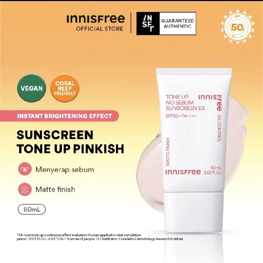 Innisfree Tone Up No Sebum Sunscreen EX SPF 50+ PA++++ 60ml | KEMASAN REJECT