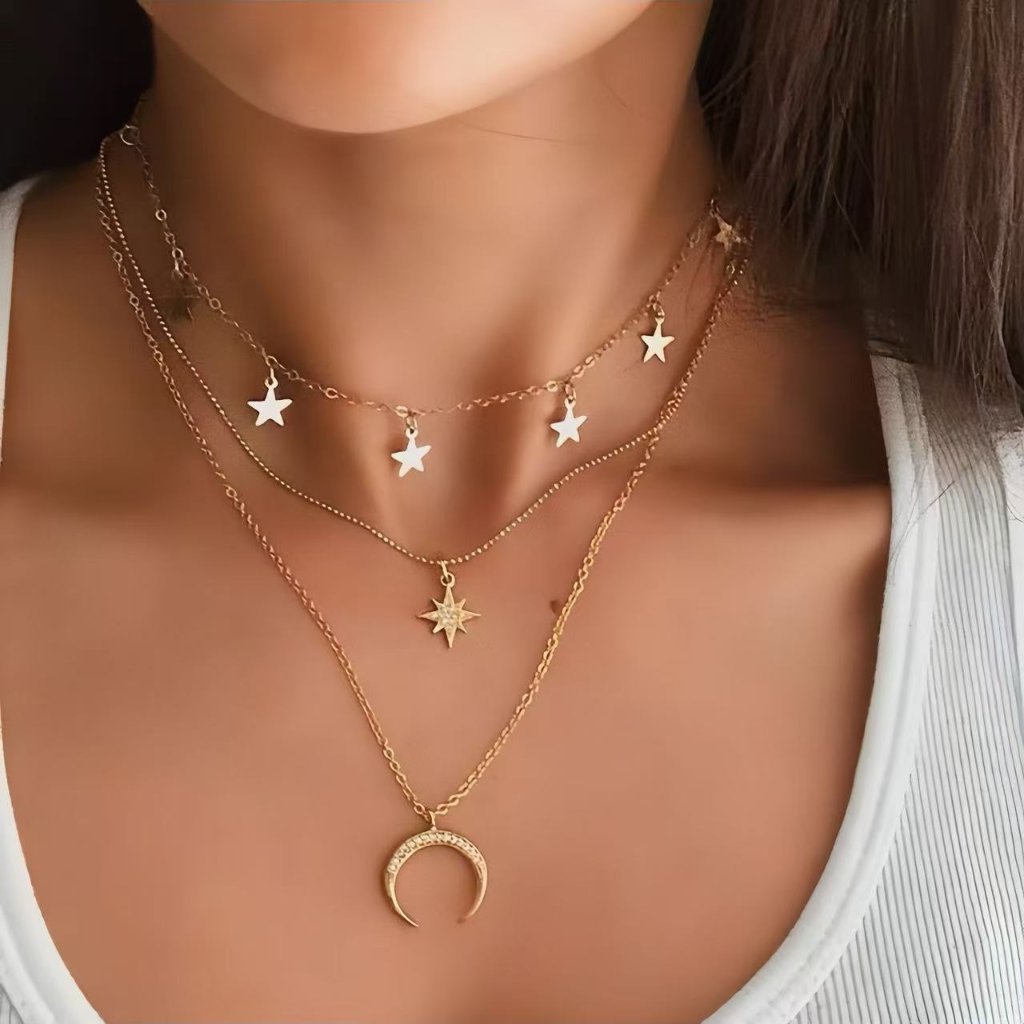 FF606Perhiasan Twilight-Kalung Bertingkat Bulan Bintang Emas, Kalung Tulang Selangka Liontin