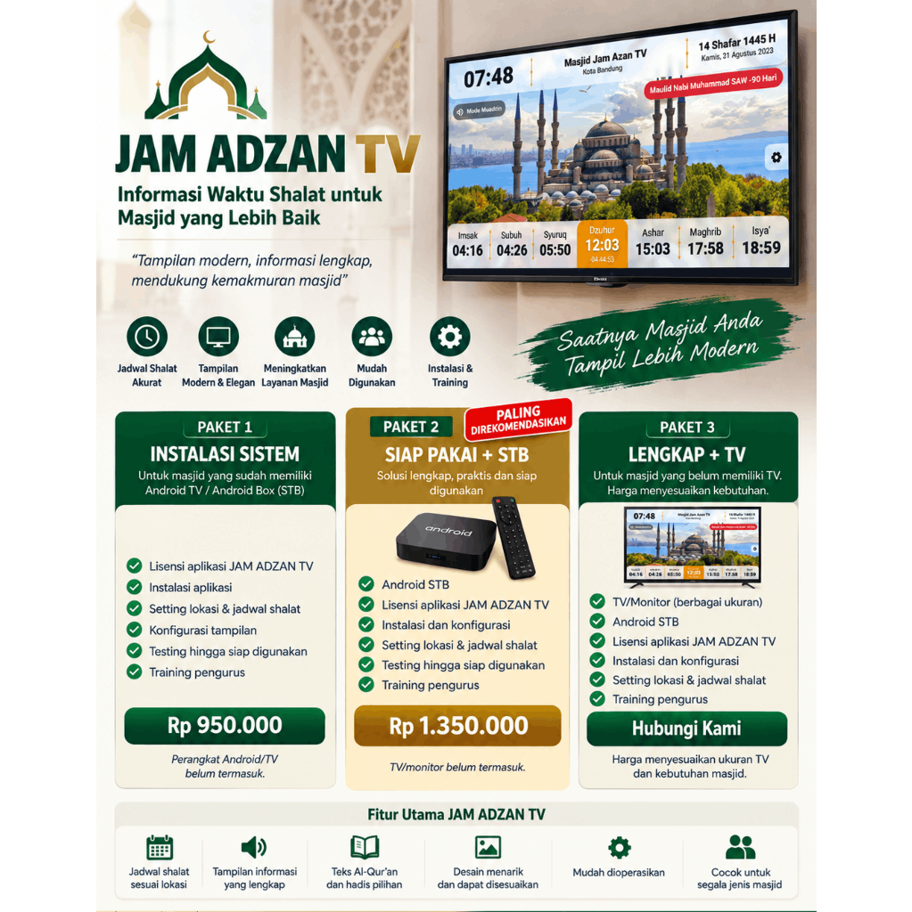 Jam Sholat Digital TV Bandung - Aplikasi JWS TV Android STB + Jasa Instalasi & Setting Terima Beres