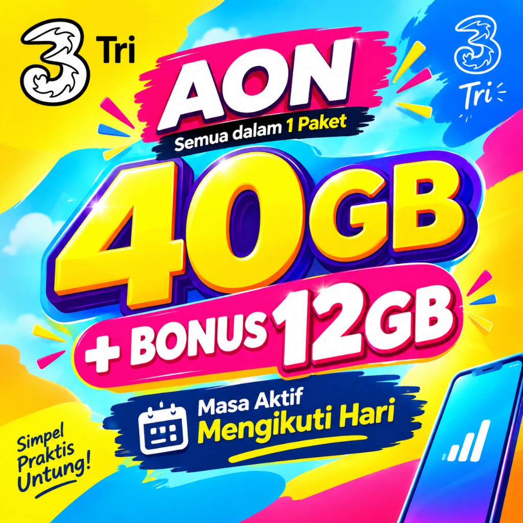 Kuota Tri AON 40GB + Bonus 12GB | Paket Internet Tri Nasional