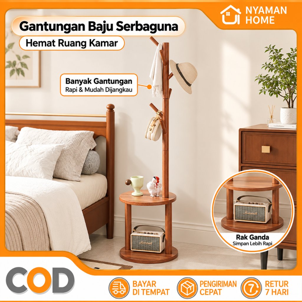 Gantungan Baju Berdiri Rak Pakaian Multifungsi Standing Hanger Rak Tas Topi Kayu dengan Rak Penyimpa