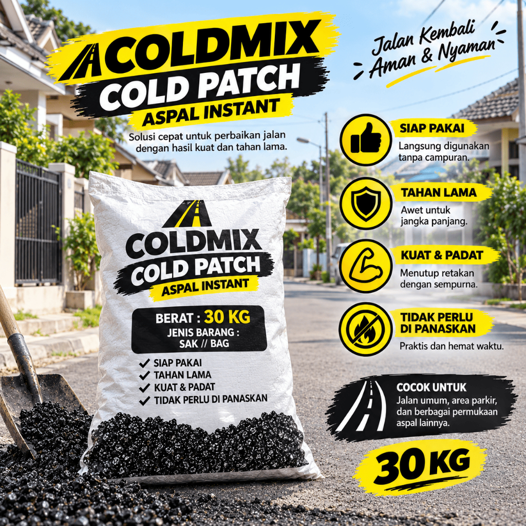 Aspal Jalan Coldmix 30KG Aspal Instan Tambal Jalan Berlubang Tanpa Dipanaskan Aspal Dingin