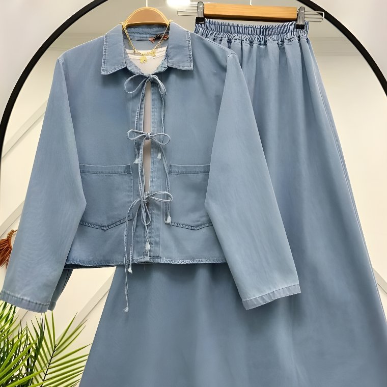 Setelan Rok Jeans Wanita Dira Ribon - Atasan Rok Denim One Set Wanita Casual Kekinian