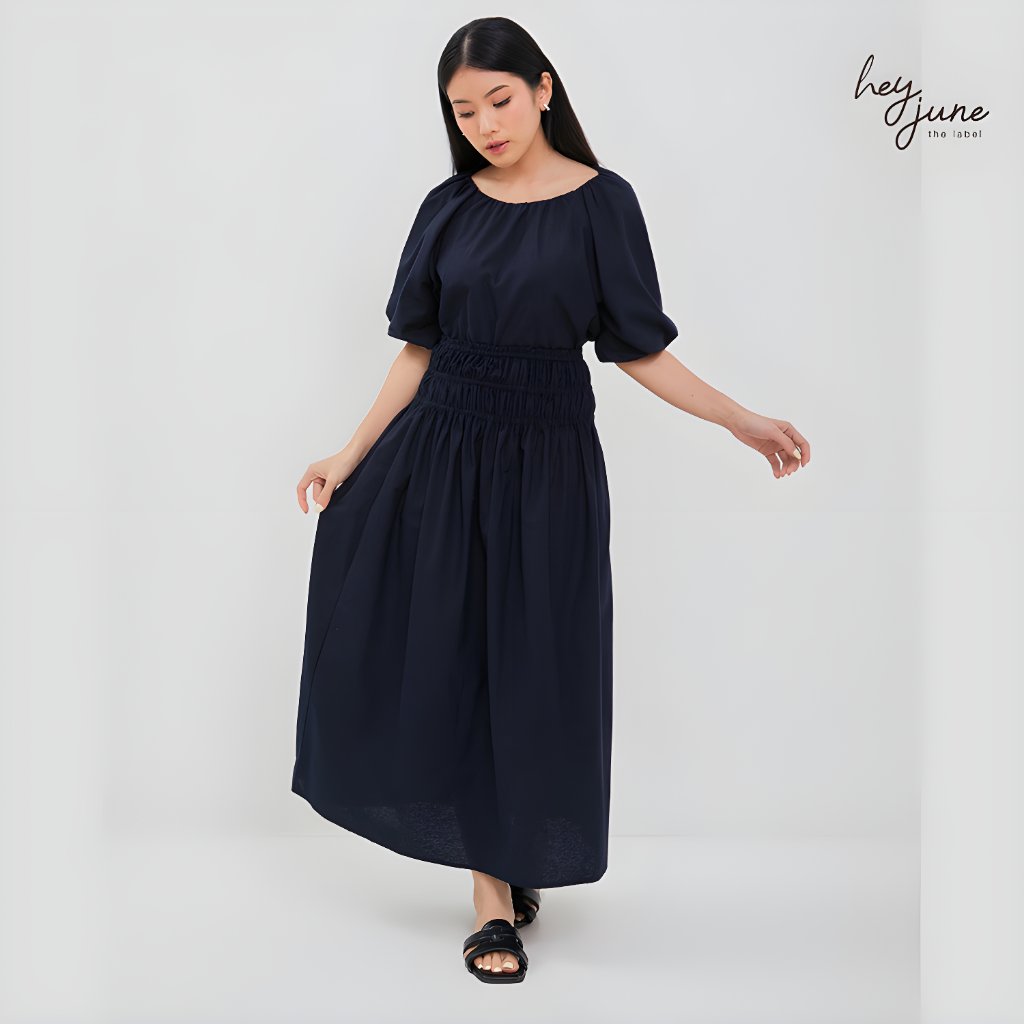 Hey June Aria Linen Shirred Maxi Dress Wanita - Dress Linen Lengan Balon Pinggang Shirred Flowy