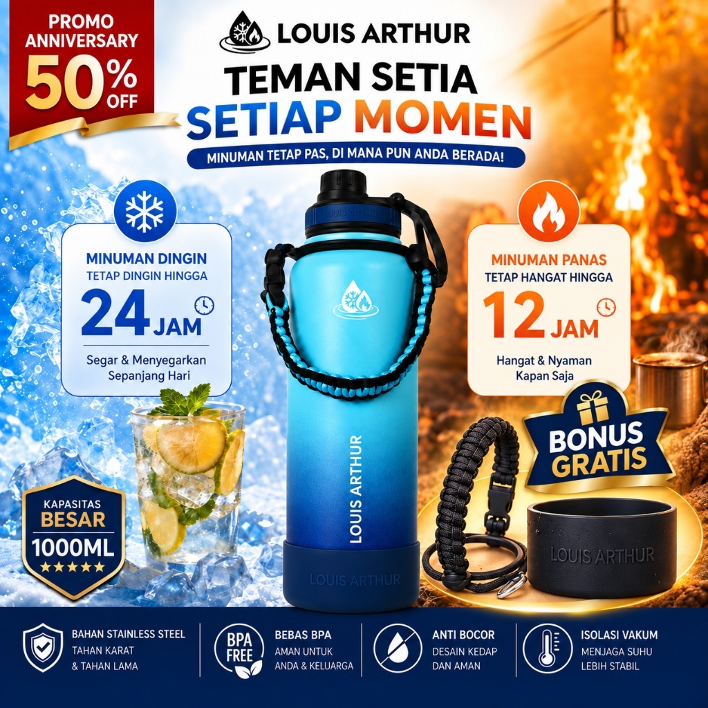 Terlarisss LOUIS ARTHUR Botol Air Olahraga Portabel Vacuum Flask Insulasi Vakum Stainless Steel