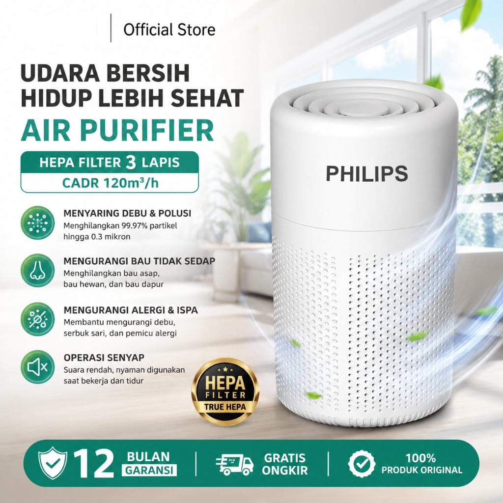 phlilps Air Purifier Pembersih Udara HEPA Filter 3 Lapis CADR 120m2/h Anti Debu Asap Rokok Bau Alerg