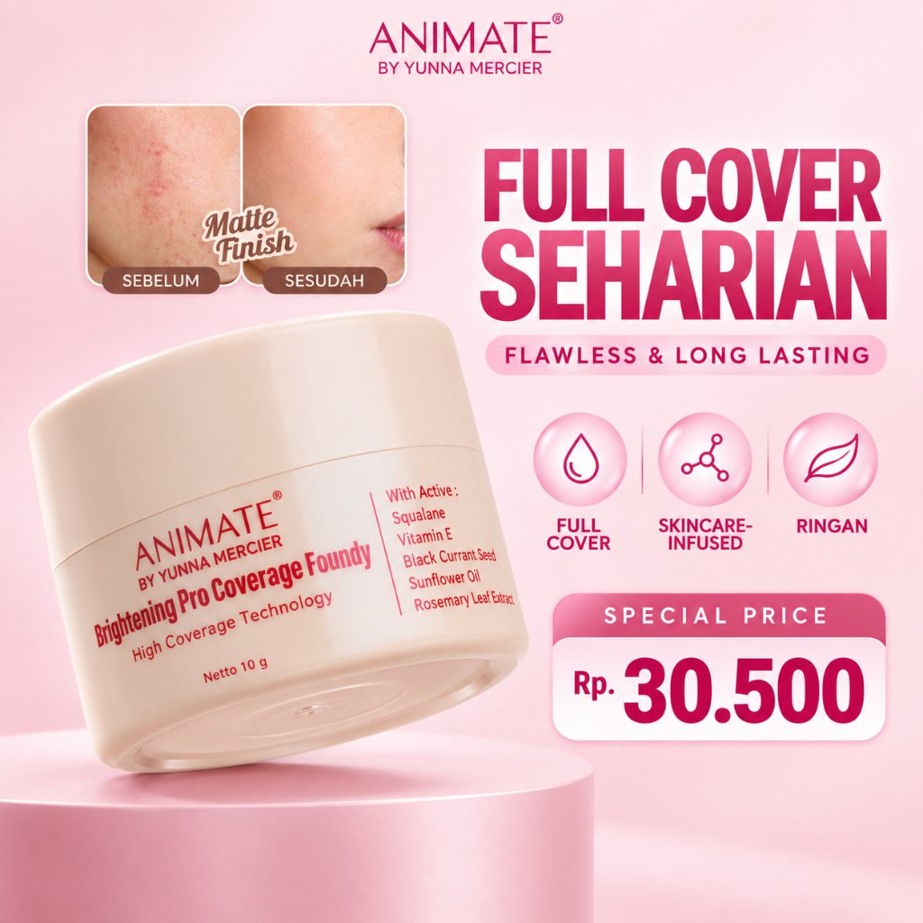 Animate Concealer & Foundation Padat Base Makeup 10 gr – Full Coverage, Tahan Air, Hasil Akhir Matte