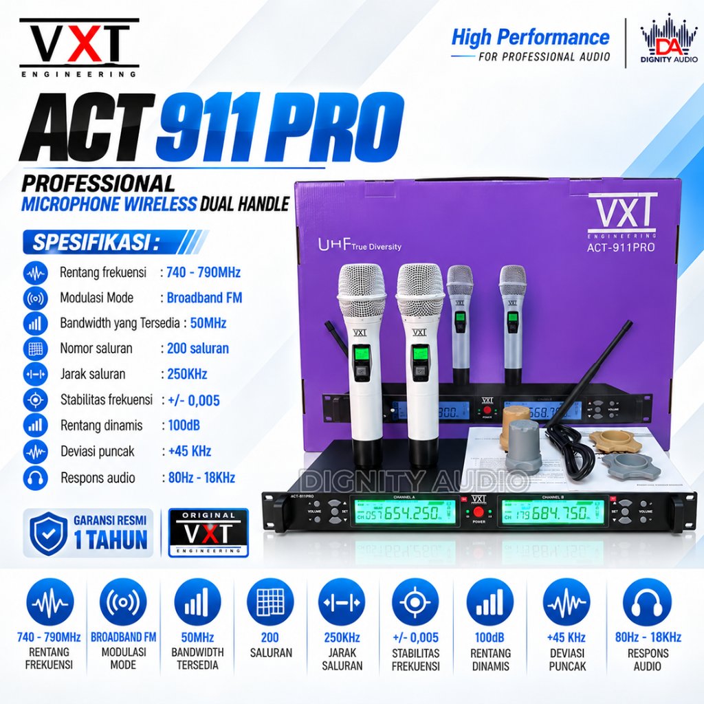 VXT ACT911PRO | ACT 911PRO | ACT 911 PRO Microphone Wireless 2 Handle Putih Original