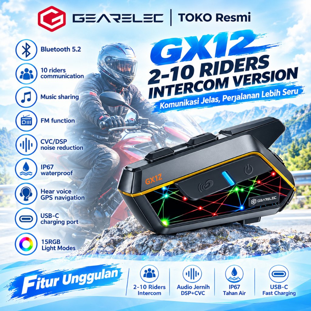 GEARELEC GX12 Interkom Helm Bluetooth 10riders mendukung interkom saat music sharing dengan Radio FM