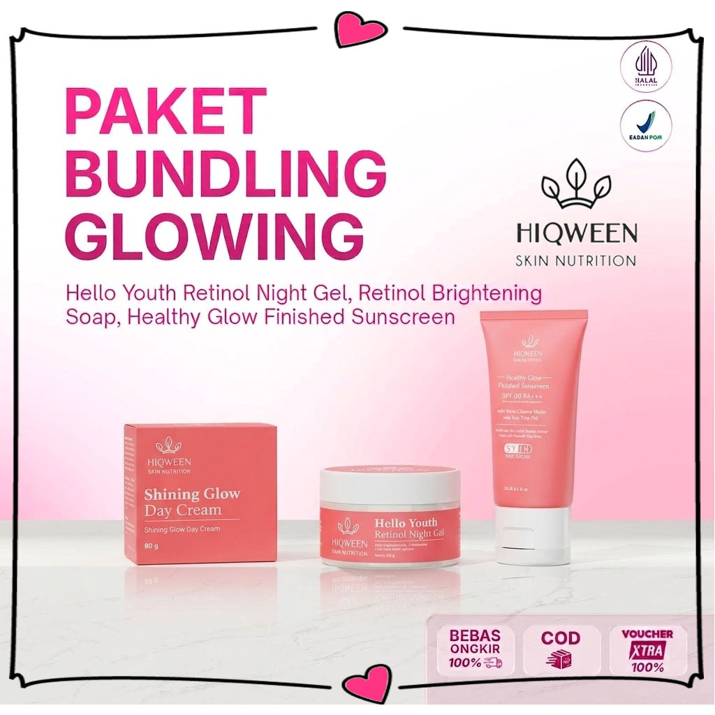 Skincare Hiqween Bundling Glowing Paket Sunscreen Retinol, Cream Malam Samarkan  Flek Hitam, Mencera