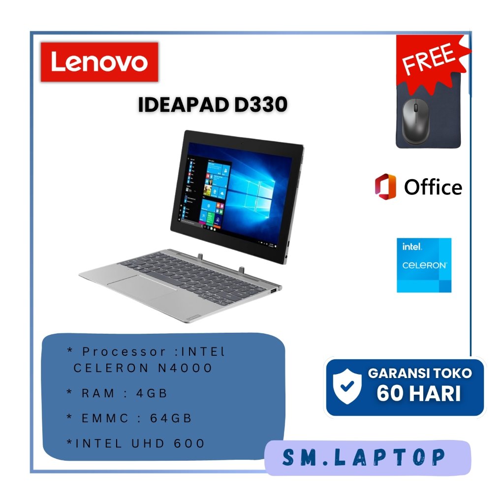 Lenovo ideapad D330 2in1 CELLERON N4000 RAM 4GB SSD EMMC 64GB Laptop Tablet Second Mulus Bergarasi