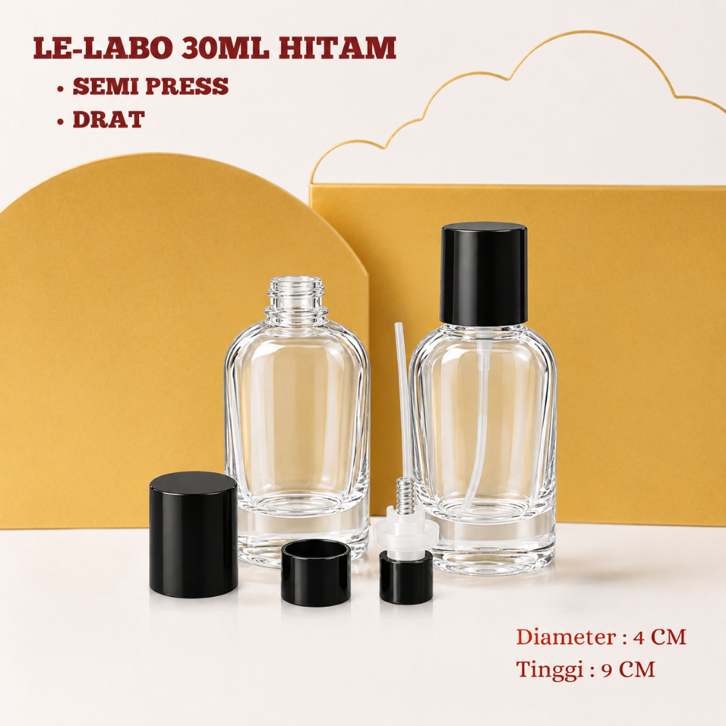 Botol Parfum Lelabo 30ML Semi Press Tutup Hitam - Botol Parfum Kaca Le labo Kosong Easy Press 30ML