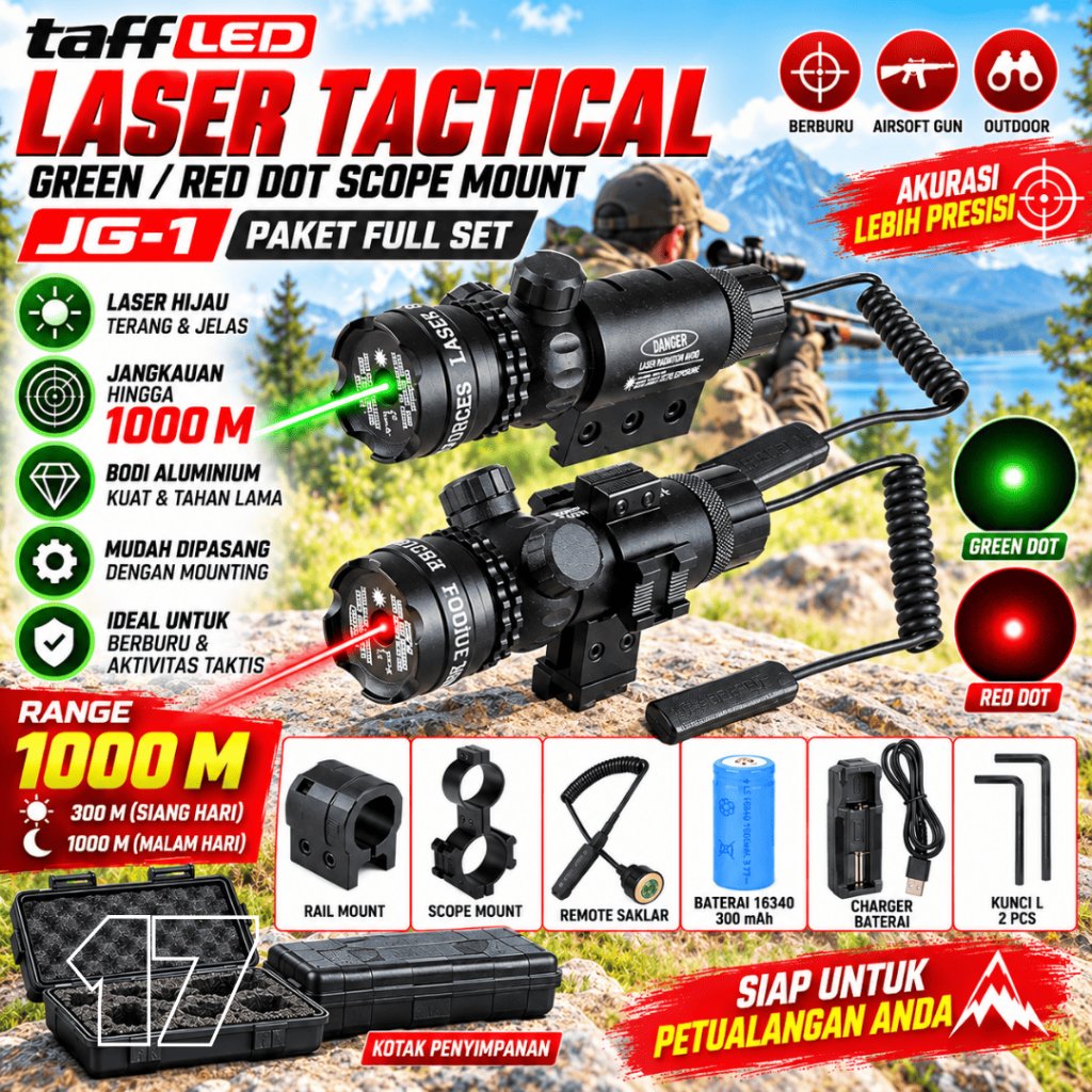 Laser Tembak Jarak Jauh Siang Malam Super Terang Warna Hijau Merah Paket lengkap Laser Berburu