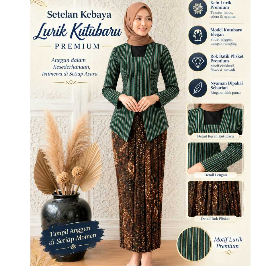Setelan Kebaya lurik Hijau Abu dan Rok Batik Plisket Wanita Dewasa Premium I Setelan Kebaya Lurik da