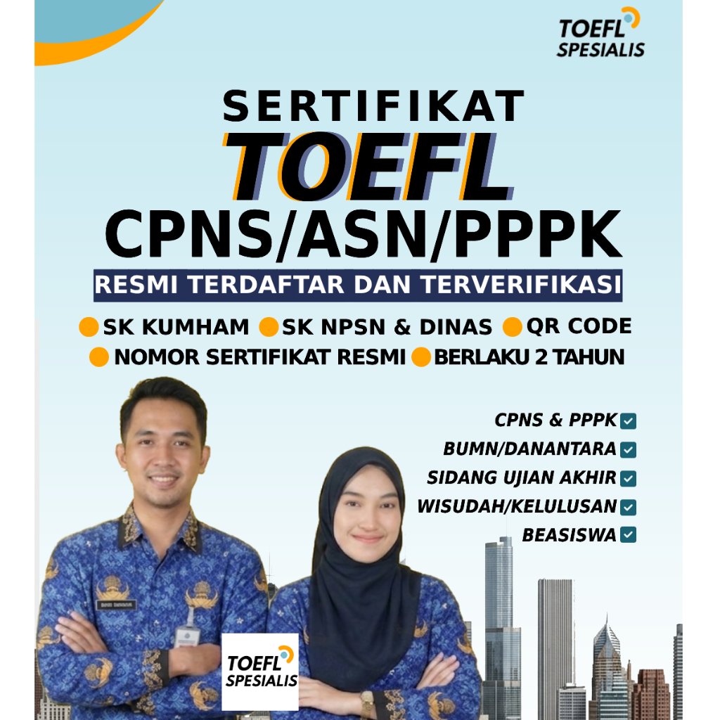 TOEFL RESMI CPNS BUMN BEASISWA YUDISIUM WISUDA S1 S2 S3 TESIS DISERTASI BERGARANSI SERTIFIKAT TOEFL 