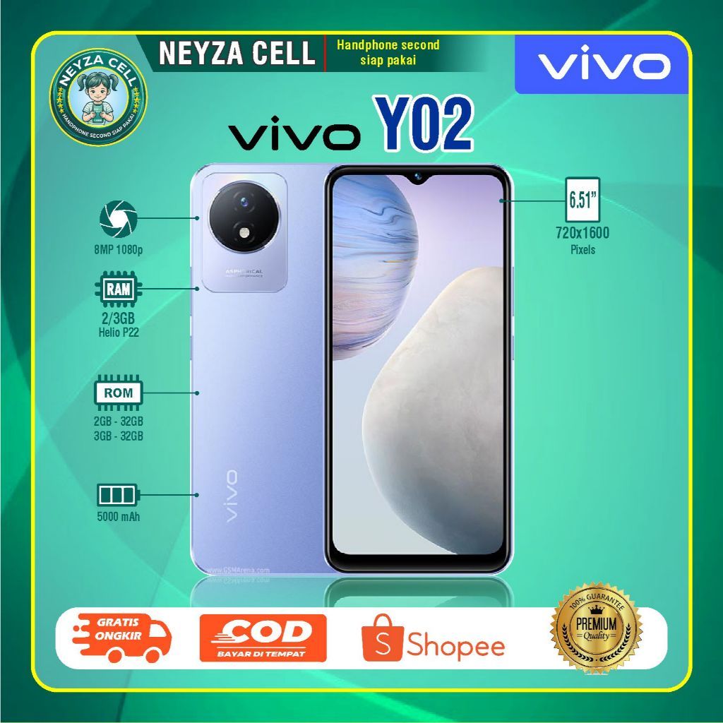 Hp Vivo Y02 | Y02t Second Y02 Ram 3/32 Hp | Y02t Ram 4+4/64 Hp Normal Siap Pakai Garansi 1tahun