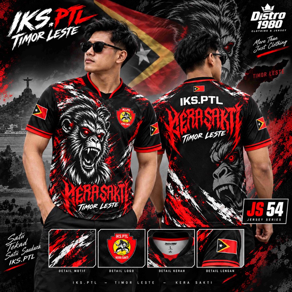 Jersey Pria Distro 1980 IKS.PTL Timor Leste Kera Sakti JS 54 Lengan Pendek Hitam Merah