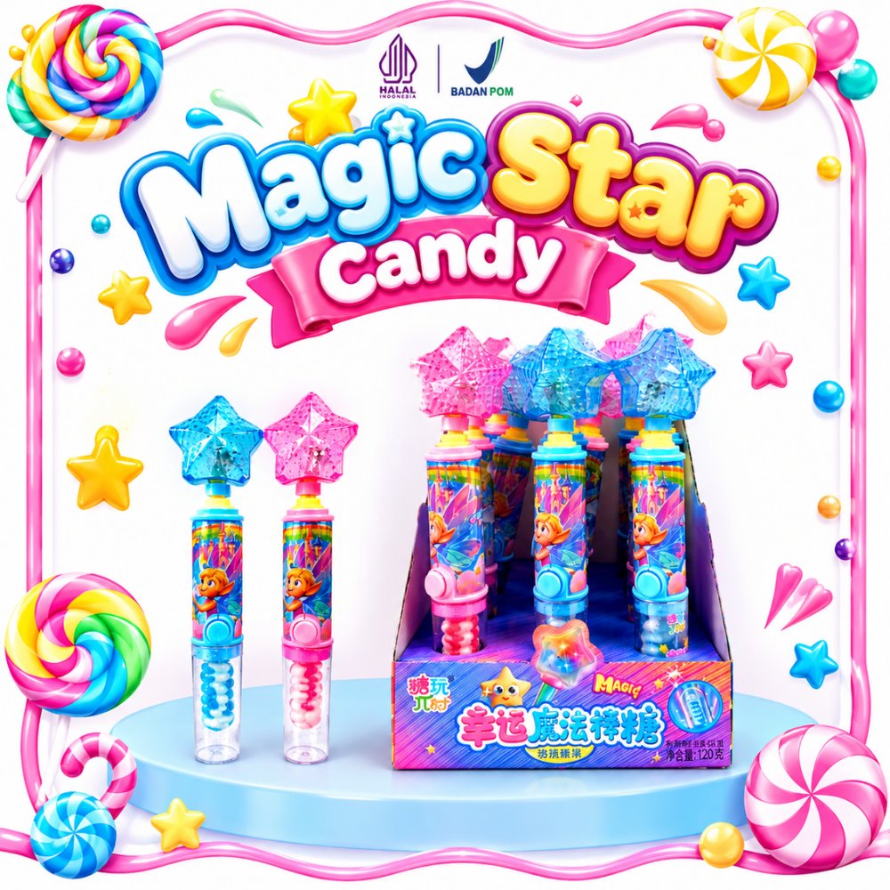 Magic Stick Star Candy– Permen Lolipop Bintang LED Lampu Menyala Rasa Buah | Permen Halal Mainan Ana