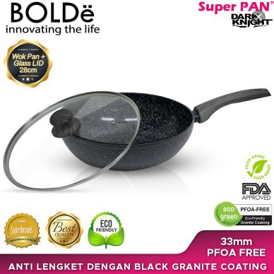WAJAN HITAM BOLDE 28 CM WOK PAN + Tutup Kaca GRANITE ANTI LENGKET