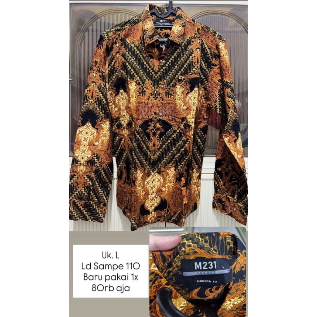 Kemeja Batik Pria Lengan Panjang M231 Motif Cokelat Hitam Kerah Kancing
