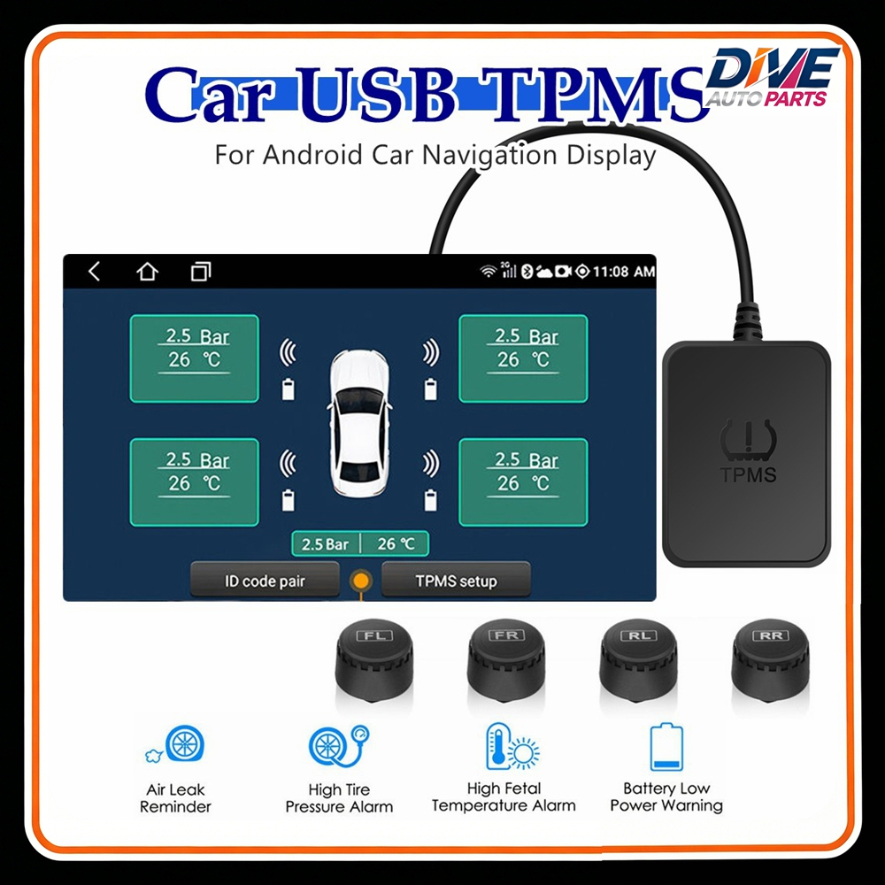 TPMS Android USB 4 Sensor Eksternal, Monitor Tekanan Ban Truk Trailer RV SUV MPV 0–116 Psi