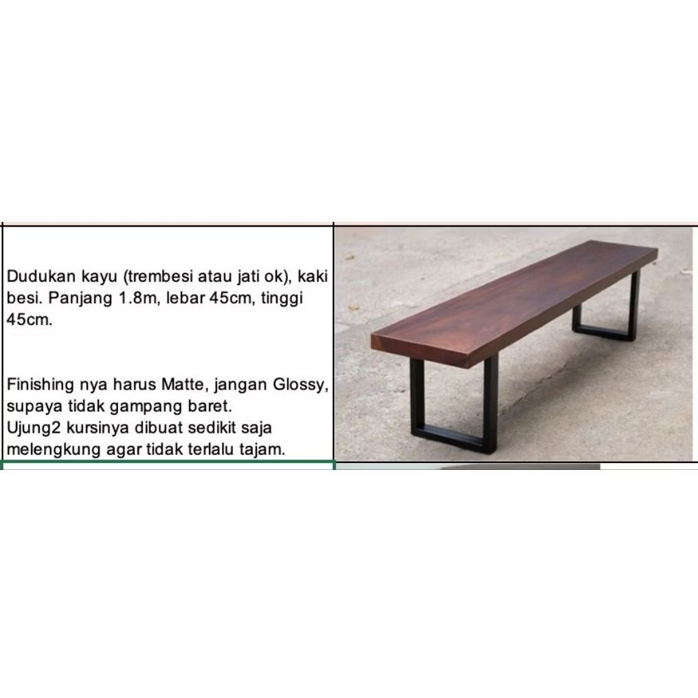Bangku panjang 180cm kayu kaki hollow besi, kursi bangku kayu murah