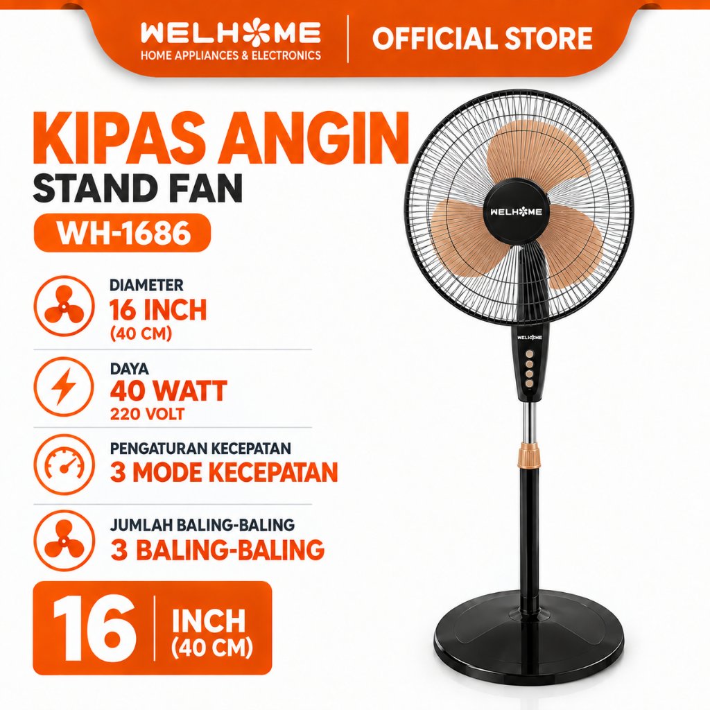 WELHOME Kipas Angin Berdiri Stand Fan Kipas Angin 16 Inch Low Watt Angin Kencang WH-1681/1682/1686