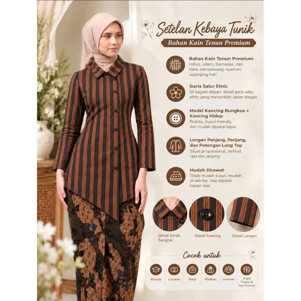 Setelan Kebaya Tunik Lurik Modern Wanita Dewasa I Setelan Baju Tunik Kebaya Lurik Wanita Modern I Ke