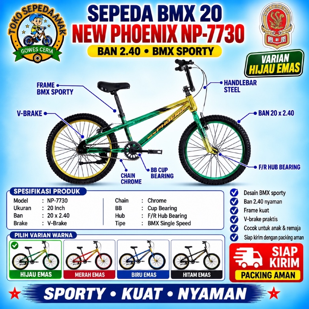 Sepeda Anak Laki BMX 20 Inch New Phoenix NP-7730 Ban 2.40 V-Brake Hub Bearing Chain Chrome Sepeda An