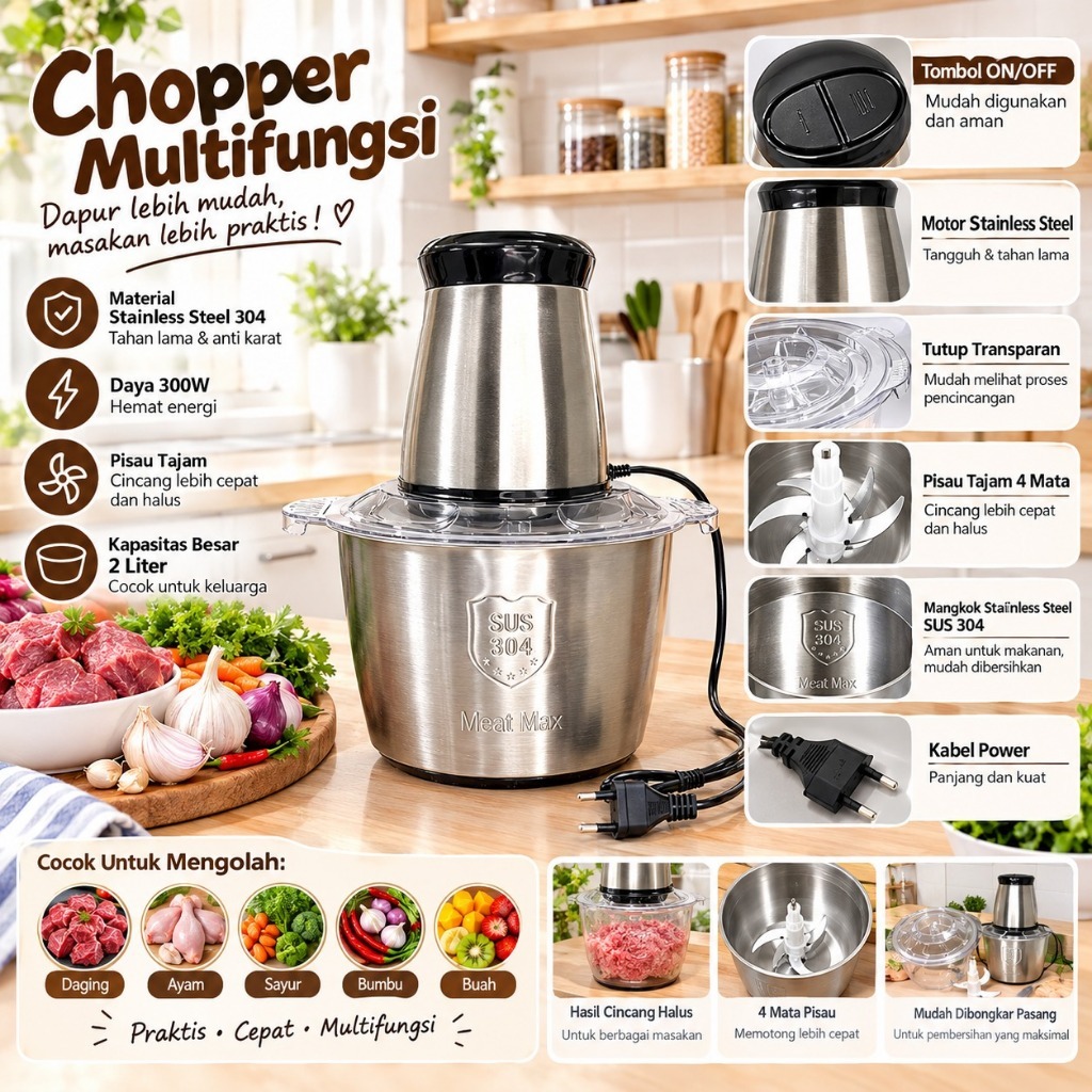 Blender Daging Stainless Steel Kapasitas 2 Liter Blender MPASI Low Watt 250W Meat Grinder Food Chopp