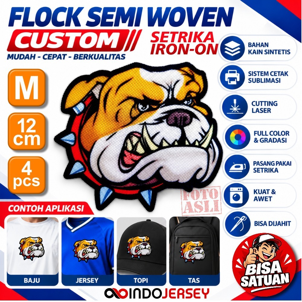 Custom LOGO Patch Emlblem Semi Woven Baju Kaos Jersey Setrika iron-on FLOCK MEDIUM 12 CM (SATUAN) TA