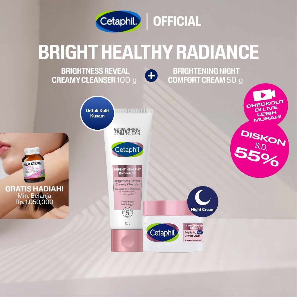 Cetaphil Bright Healthy Radiance Reveal Creamy Cleanser 100g + Brightening Night Comfort Cream 50g