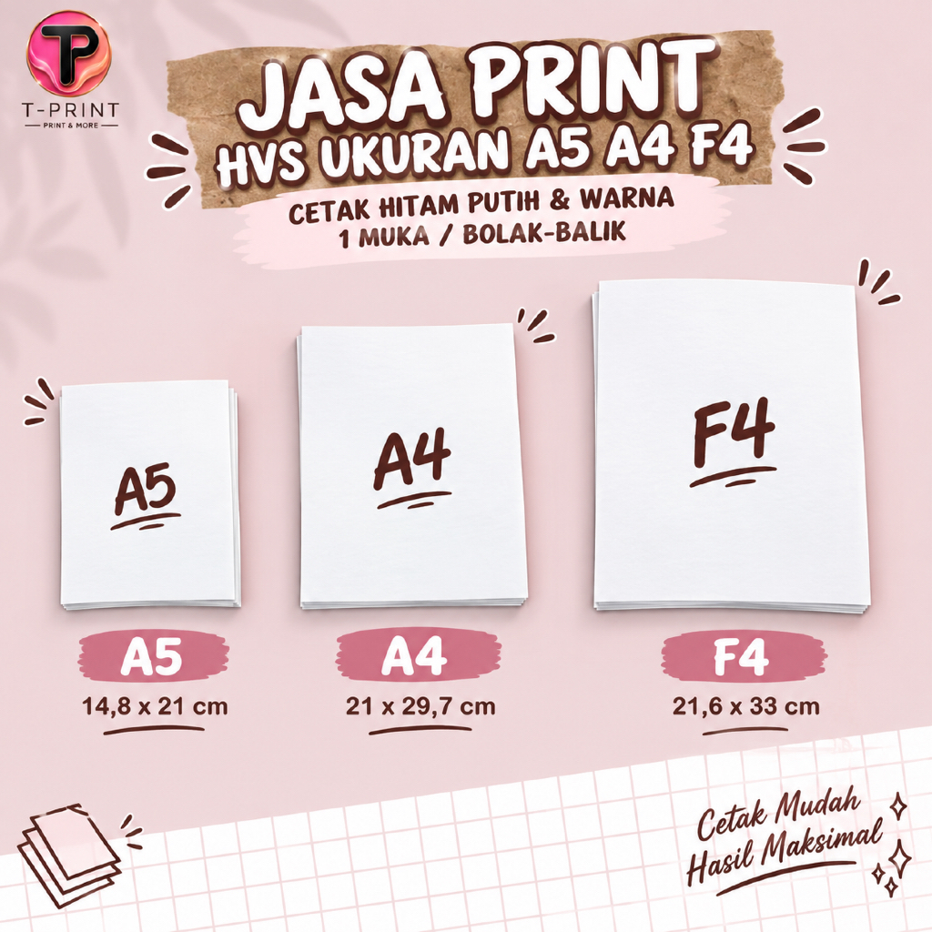 Jasa Print HVS A5 A4 F4 | Cetak Hitam Putih & Warna | 1 Muka / Bolak-Balik | Dokumen, Tugas, Makalah