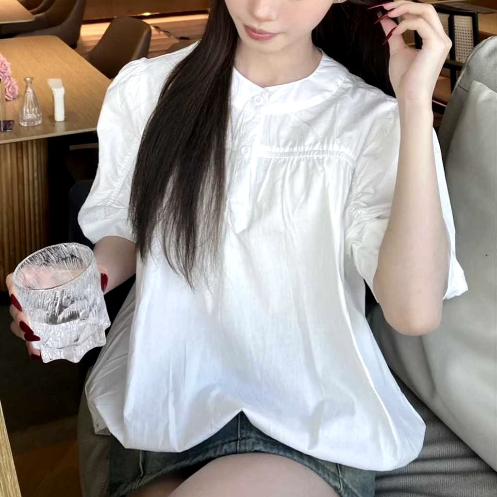 Blus Wanita Putih Lengan Pendek Kerah Tinggi Model Longgar Kasual