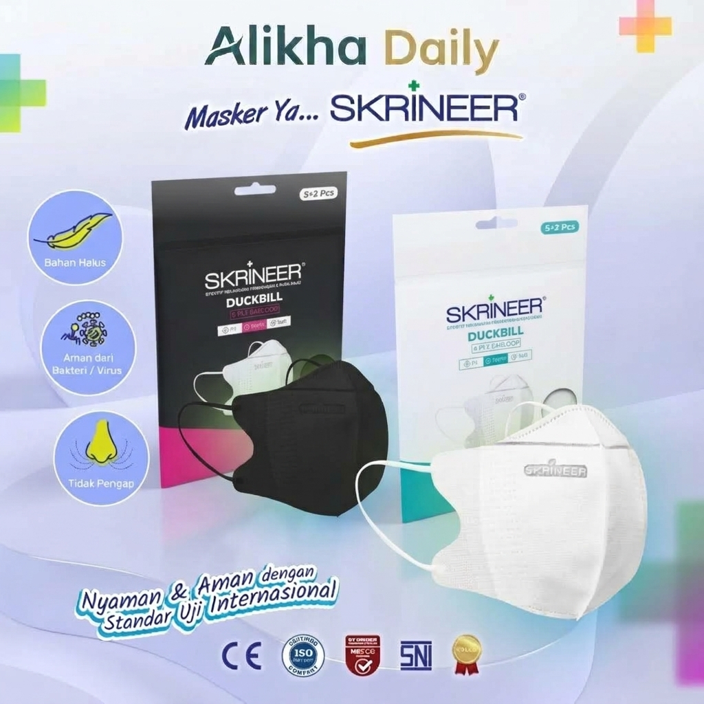 Masker Skrineer Duckbill Earloop 4 Ply isi 5+2 Pcs Putih/ Hitam