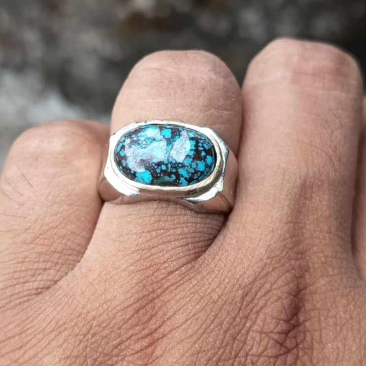 cincin natural batu Akik pirus mesir original motif lintang size 8/9