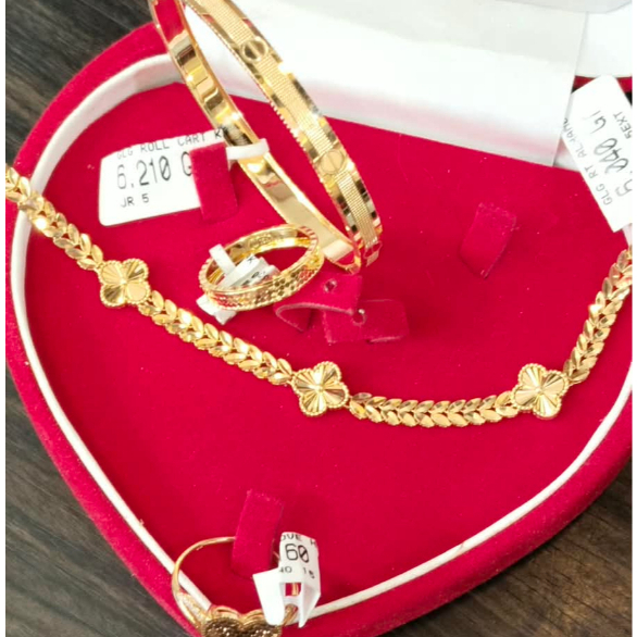 GELANG EMAS KADAR 70 16K BERAT 6.21GR DM 5CM, GELANG DAUN VC 6.04GR 15.5CM+EXT, CINCIN LOVE 2.16GR S