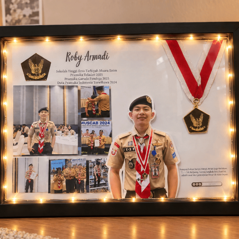 Kado Ultah Foto Custom 3D Bingkai Wisuda LED Mini Plastik Kayu Kaca 18x18cm