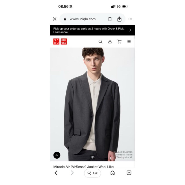 preloved uniqlo miracle air sense blazer wool like slim fit  size m set with pants