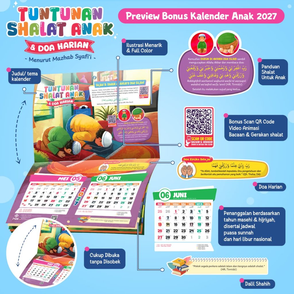 Foto Kalender Anak 2027 Tuntunan Shalat Anak & Doa Harian Menurut Madzhab Syafi'i FULL Color Calender Dinding Tembok Almanak - PQS