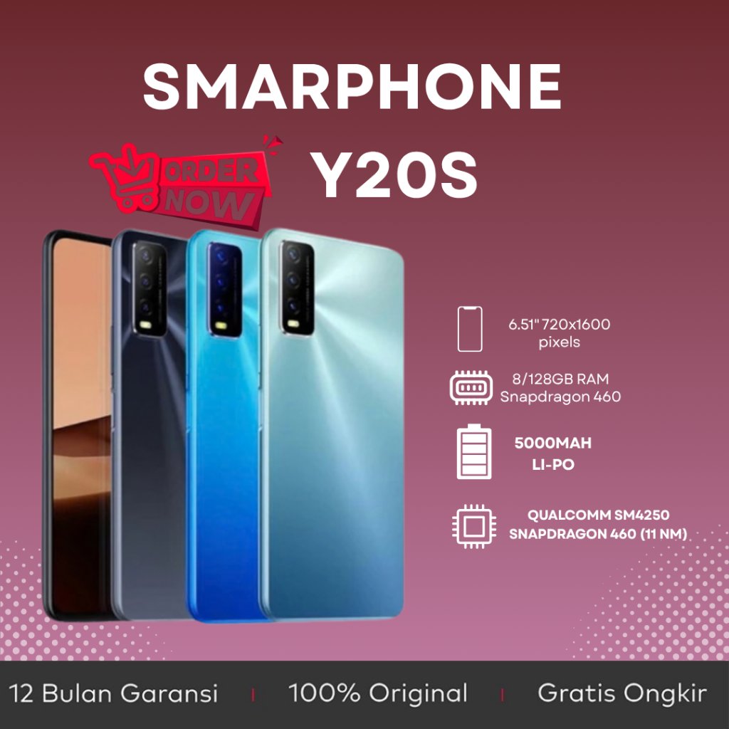 HP SMARTPHONE ANDROID VIVO Y20S RAM 8GB+256 BATTERAI 5000mAh, BERGARANSI 12 BULAN