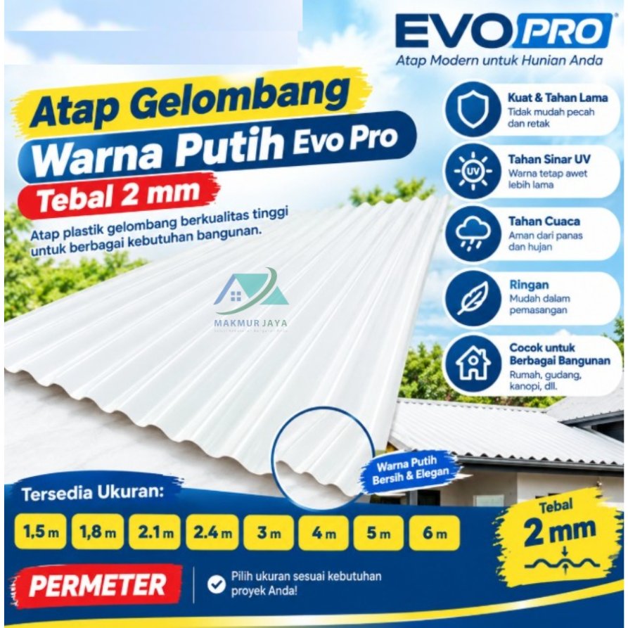 Atap gelombang warna putih Evo Pro tebal 2 mm / Atap plastik gelombang