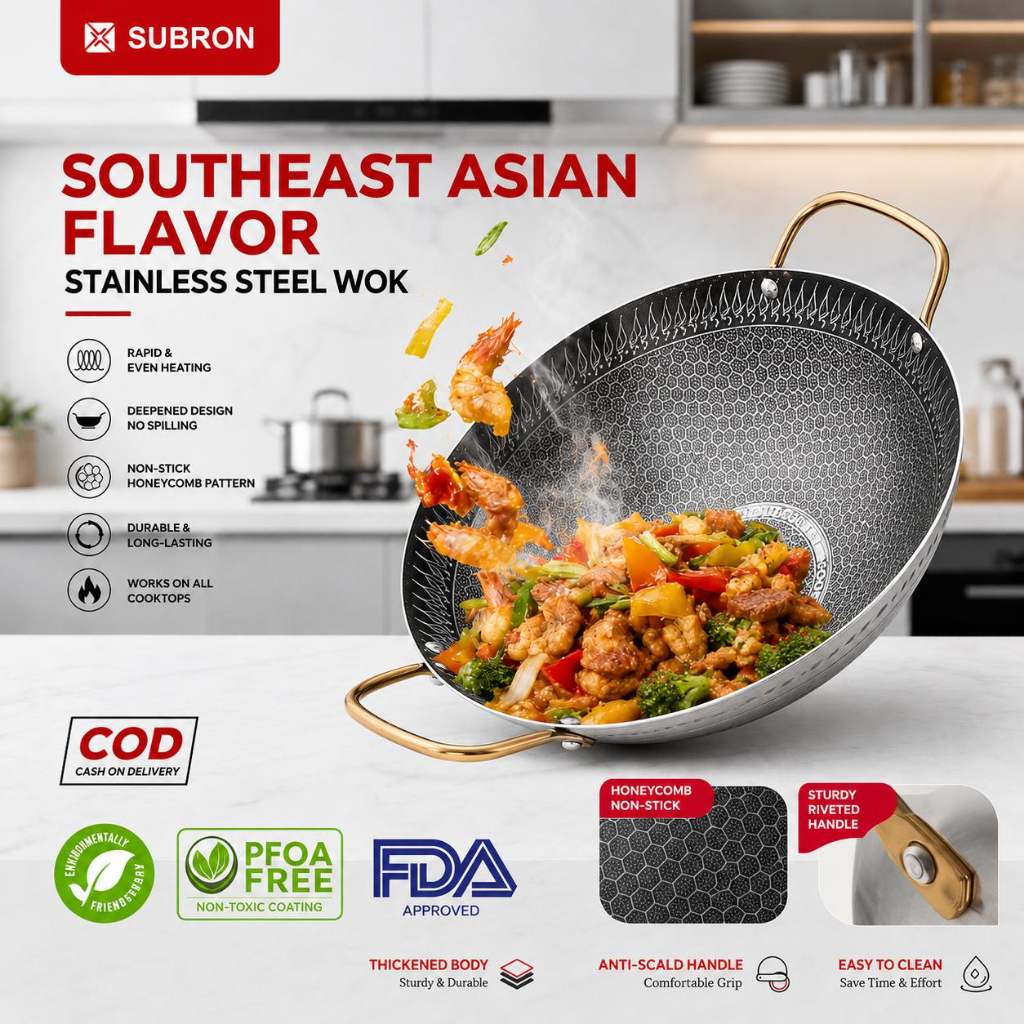 SUBRON Wajan Motif Honeycomb Kuali Wok Penggorengan Stainless Corak Timbul Anti Lengket Handle Gold 