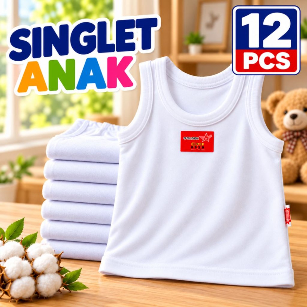 12 PCS Singlet Anak Putih Polos Premium 100% Cotton Kaos Dalam Anak Bayi Laki-Laki Perempuan Lembut 
